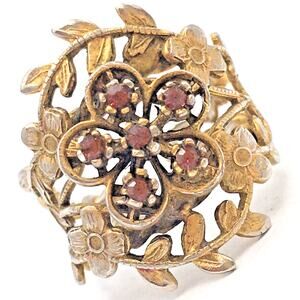 Vintage Antique Floral Red Crystal Adjustable Cocktail Ring Twisted Wire *AS IS